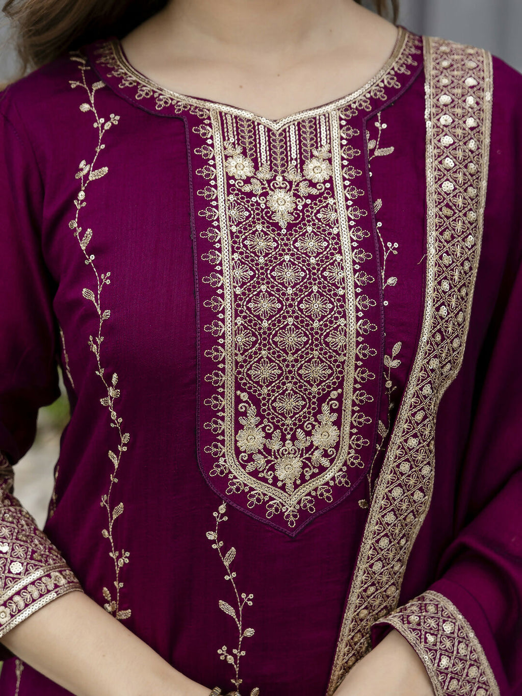 The52 Wine Beautiful Embroidered Vichitra Silk Fabric Straight Kurta, Palazzo and Dupatta Set - Distacart