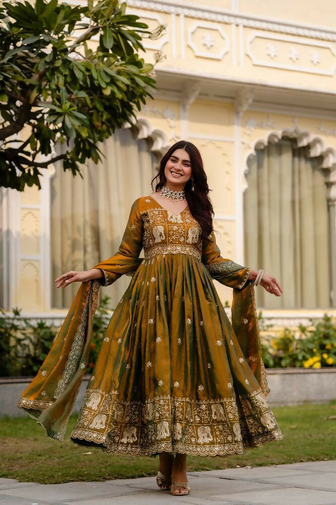 Teeya Creation Mehendi Primium Fendy Satin Silk Embroidery Work Wedding Wear Gown - Distacart