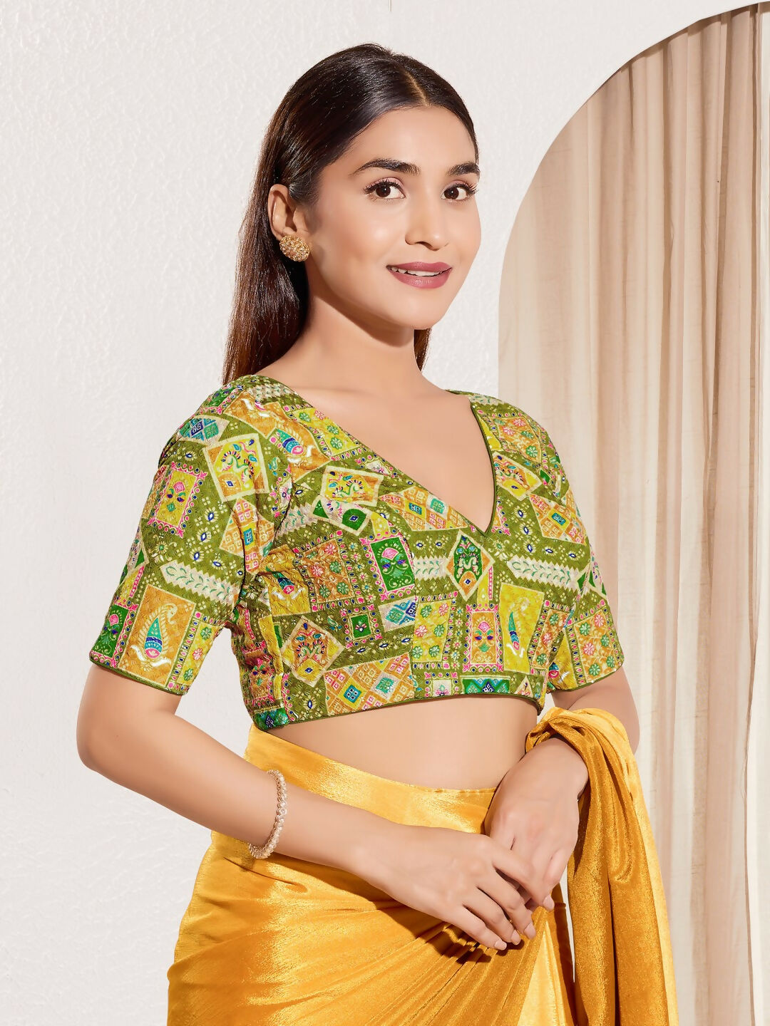Joban Fashion Mehendi Green Viscose Rayon Padded Blouse With V Neck Elbow Sleeves - Distacart
