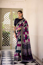 Vastranavya Navy Blue Viscose Chanderi Printed with Temple Border Saree & Unstitched Blouse - Distacart