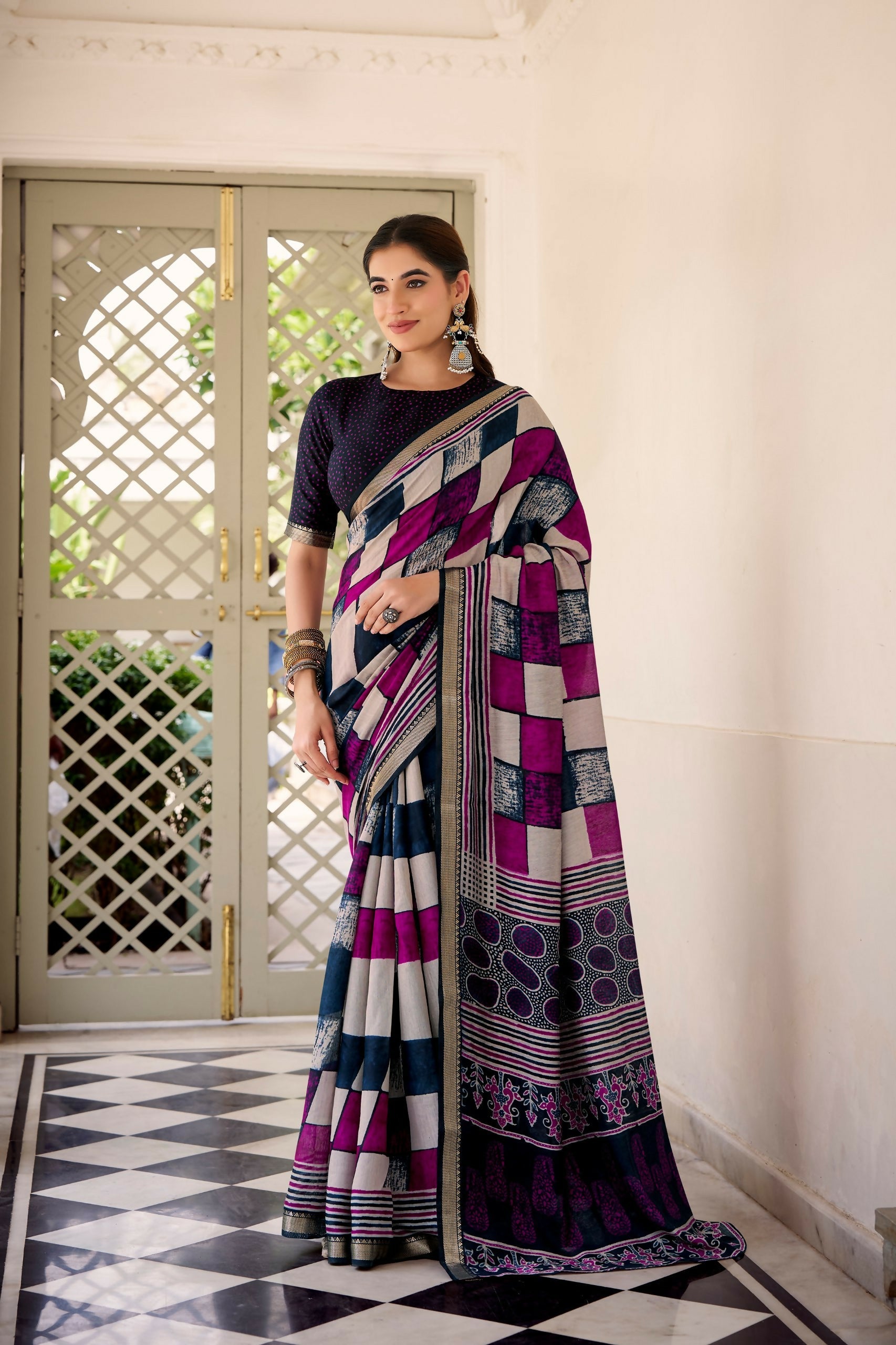 Vastranavya Navy Blue Viscose Chanderi Printed with Temple Border Saree & Unstitched Blouse - Distacart