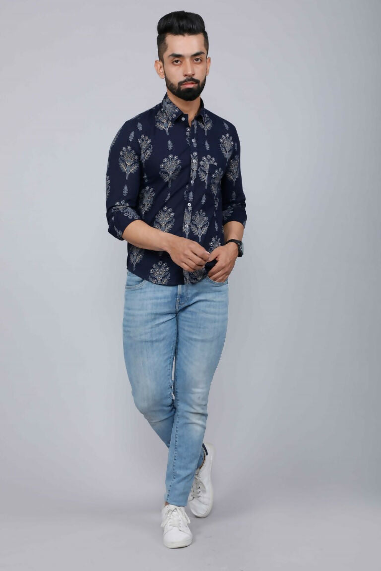 Miravan Men's Blue Spread Collar Floral Print Shirt
