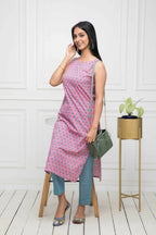 Myshka Women Pink Solid Cotton Straight Round Neck Kurtas - Distacart