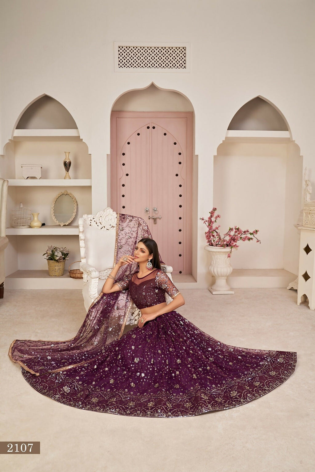 Eilara Women'S Wine Butterfly Net Thread With Zari Sandwich Sequence Embroidered Work Lehenga Choli For Festivals