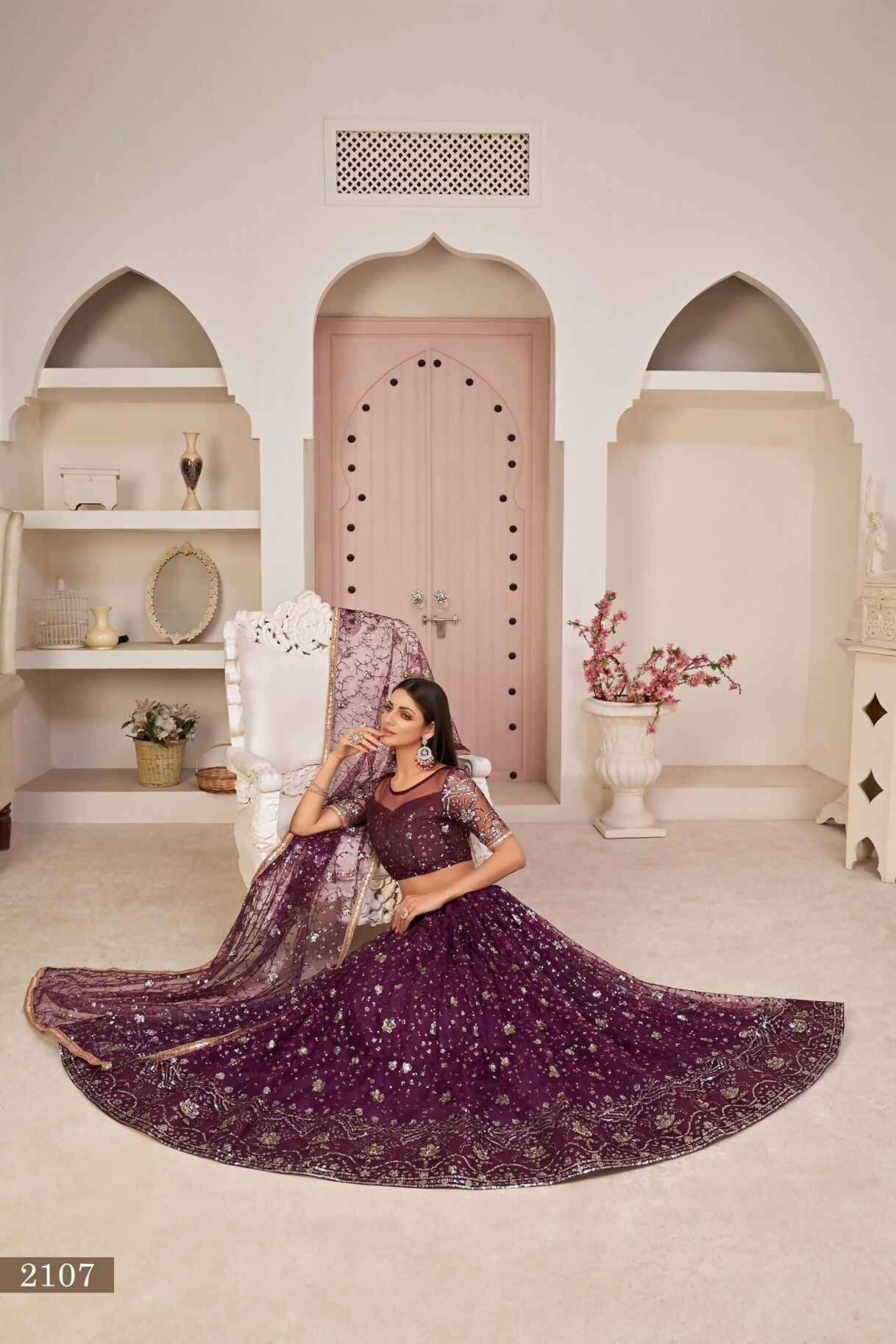 Eilara Women'S Wine Butterfly Net Thread With Zari Sandwich Sequence Embroidered Work Lehenga Choli For Festivals