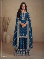 Vastranavya Glamorous Blue Chinon Palazzo Suit With Intricate Sequins Embroidery Work with Dupatta