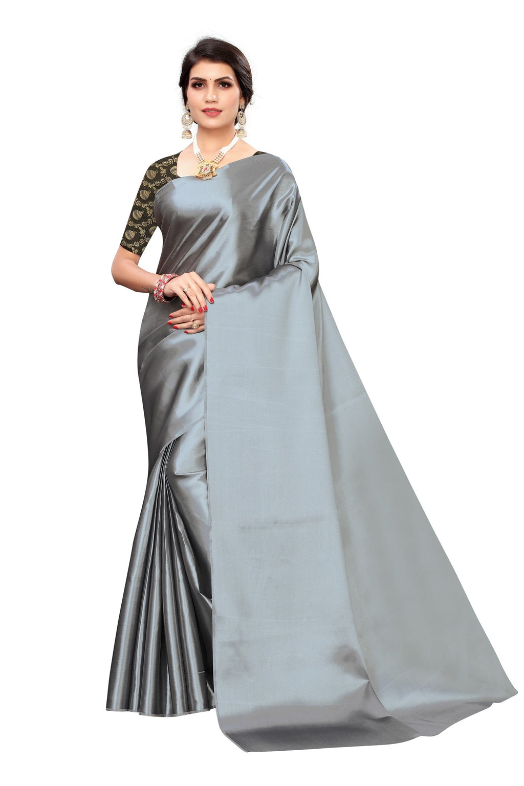 Vamika Satin Plain Grey Bollywood Style Saree