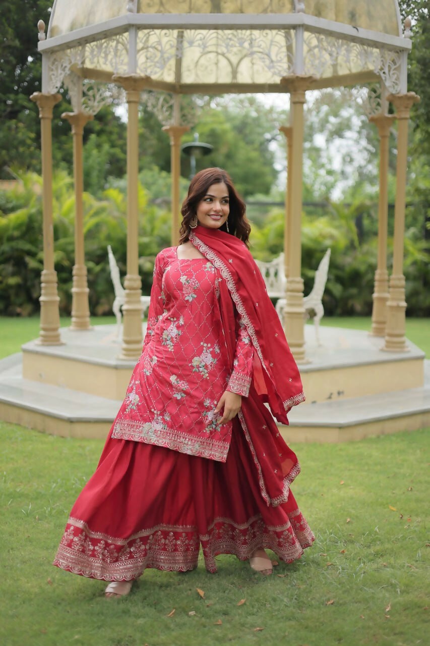 Vastranavya Premium Designer Printed With Sequins & Thread Embroidered work Kurti Palazzo & Dupatta - Red
