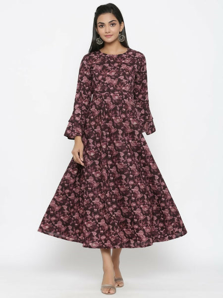 Miravan Women's Maroon Floral Bell Sleeves Anarkali Kurta