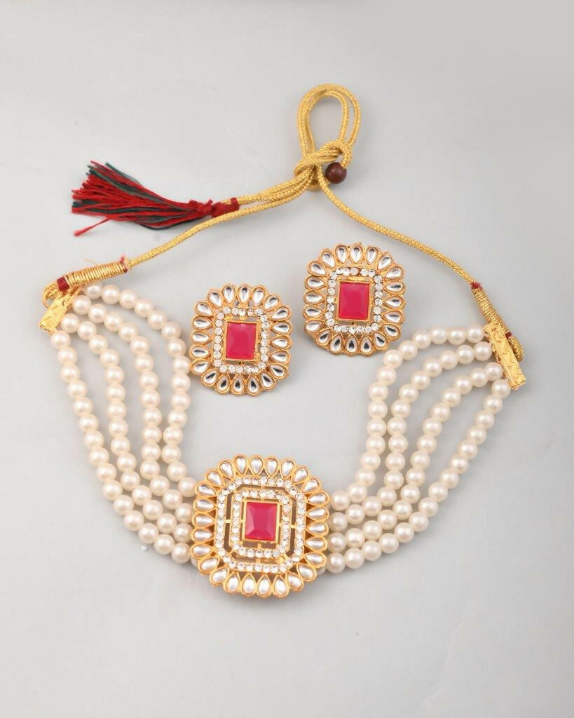VOJ Gold-Polished Pearl And Pink Stone Choker with Earrings Set