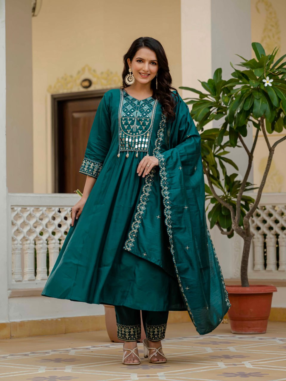 Lehenga Mart Designer Anarkali Suit Ready To Wear Kurta Pant With Dupatta For Women-Teal Green - Distacart
