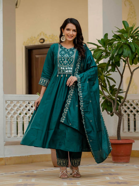 Lehenga Mart Designer Anarkali Suit Ready To Wear Kurta Pant With Dupatta For Women-Teal Green