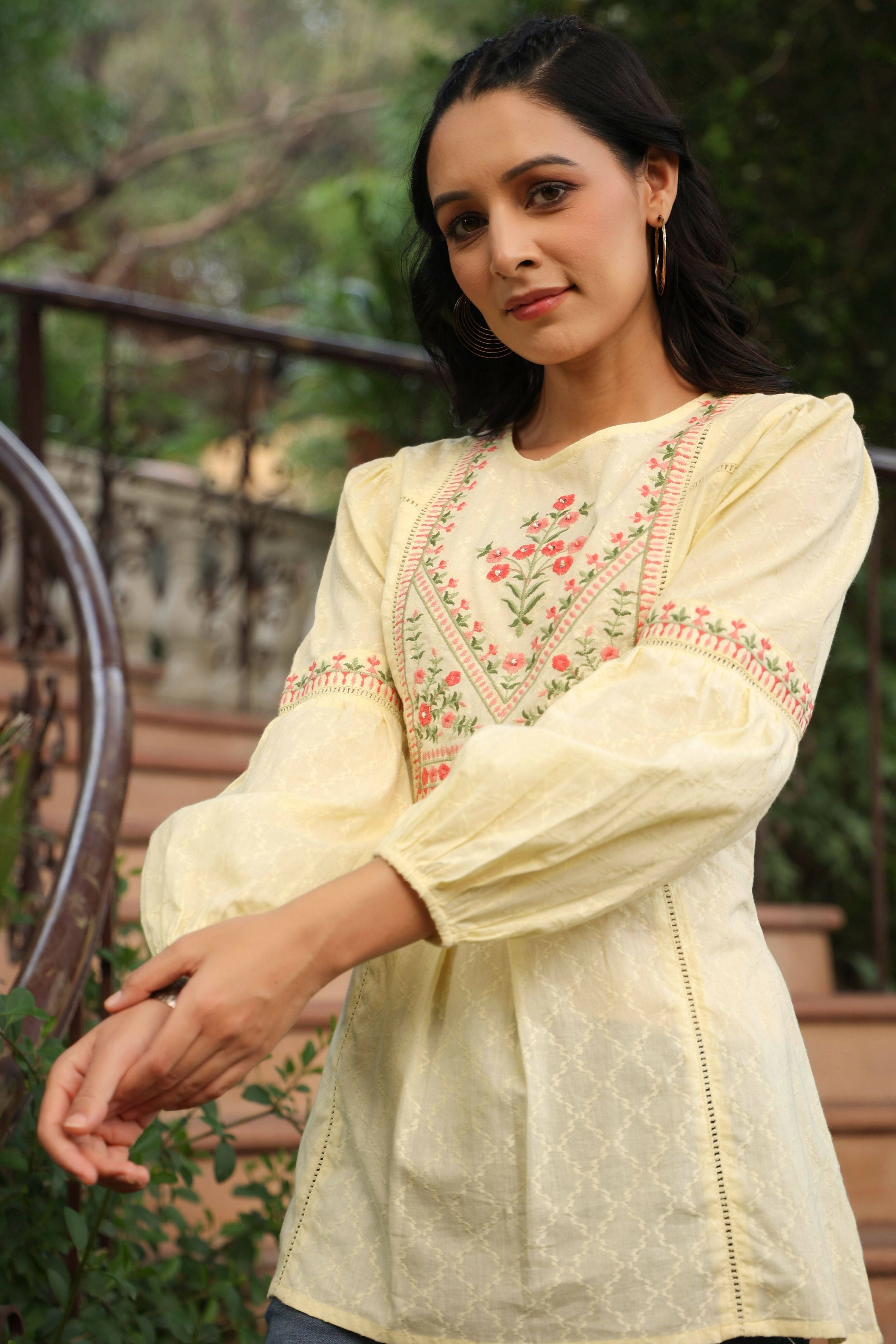 Juniper Women's Lemon Cotton Dobby Solid Embroidered Straight Tunic - Distacart