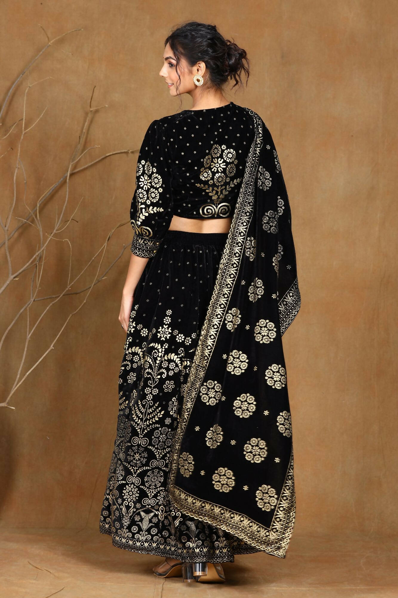 Juniper Women Black Velvet Printed Flared Lehenga Choli Sets - Distacart