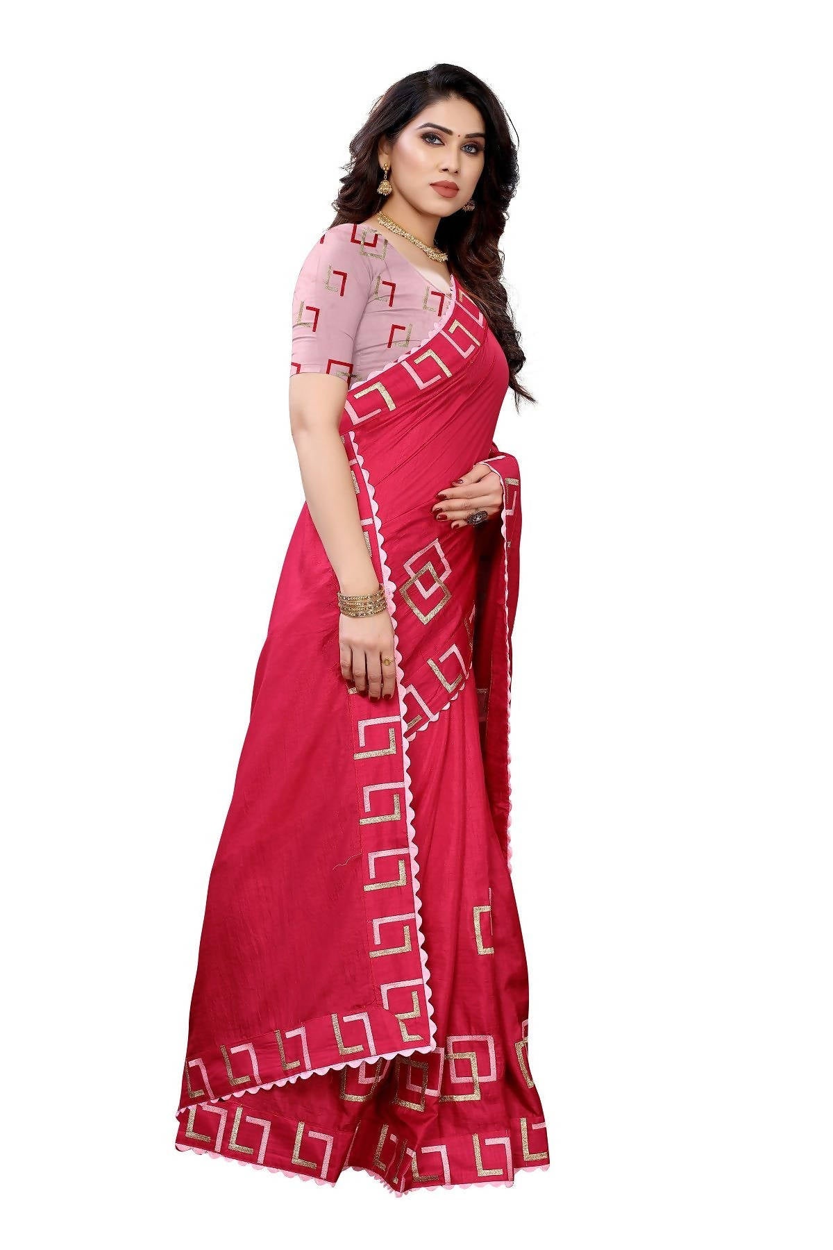 Vamika Red Dola Silk Embroidery Saree (MESHVI PINK) - Distacart