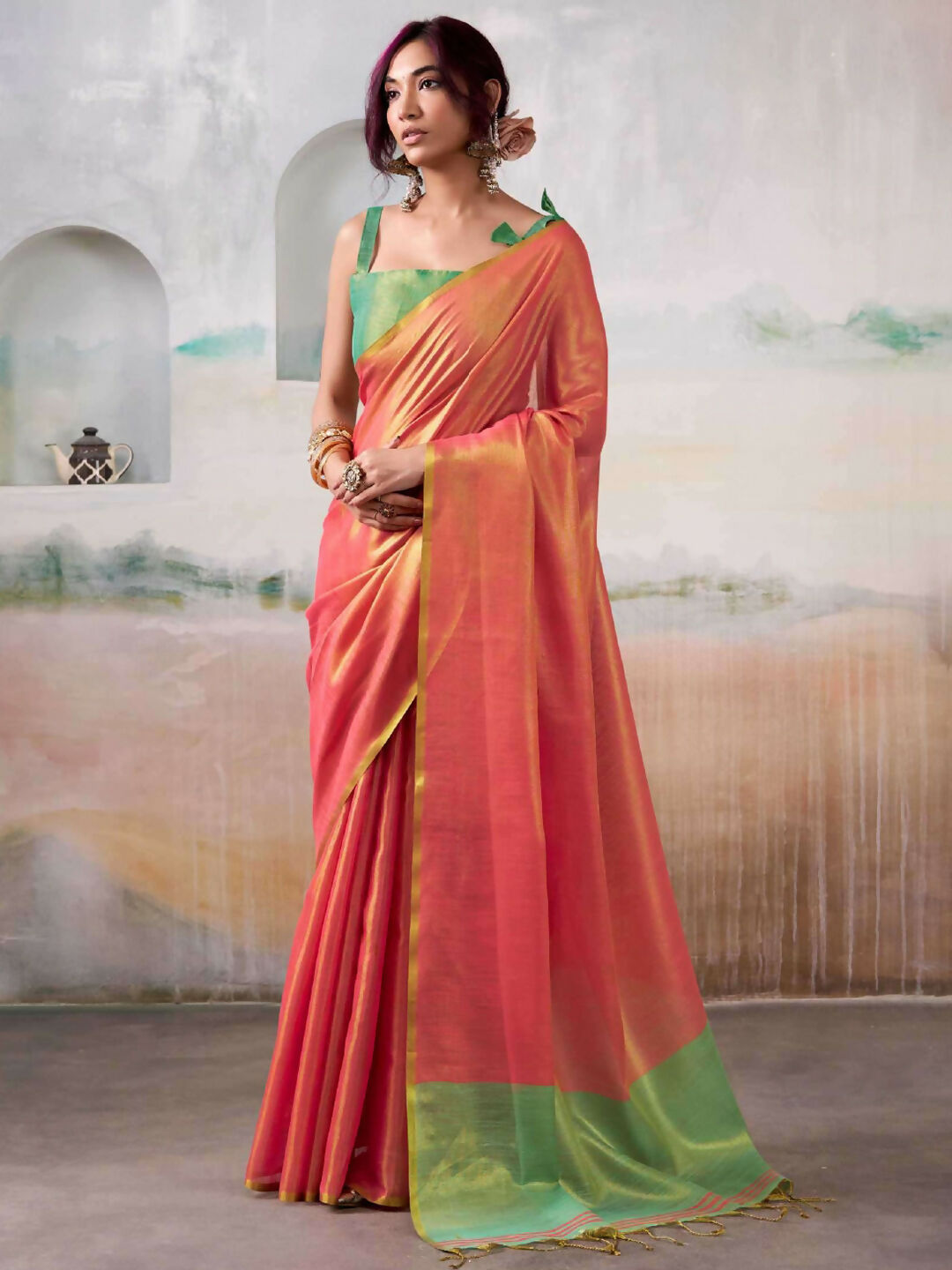 Shree Shyam Fashion Tissue Silk Peach Saree - Distacart