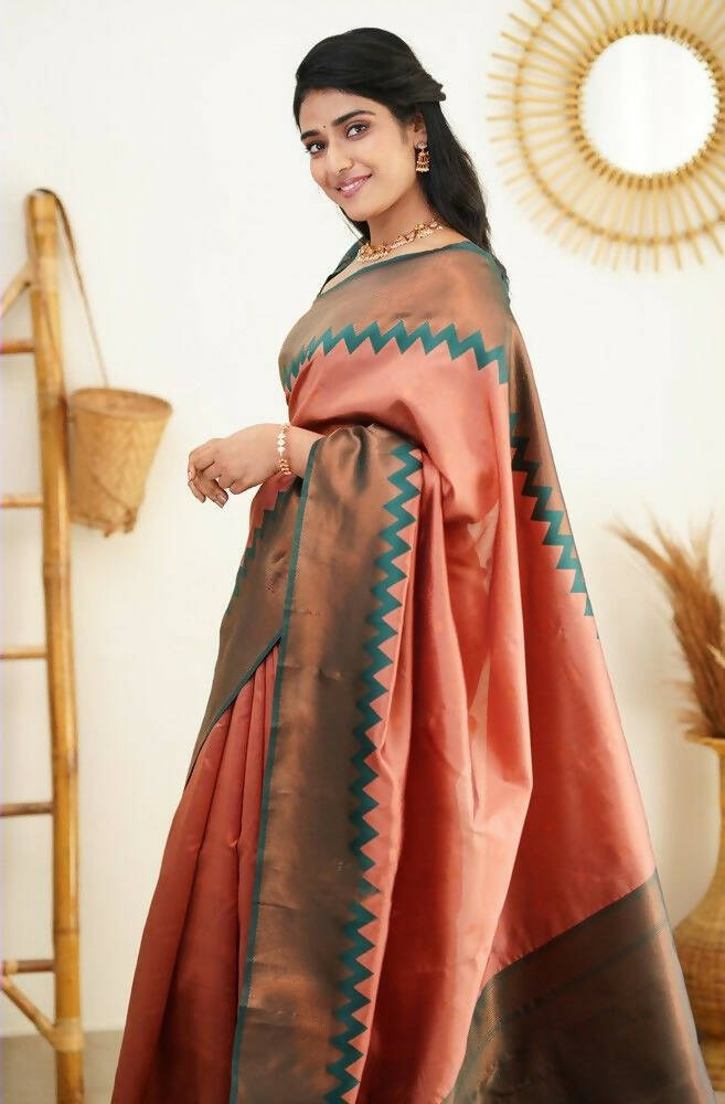 DEIANA'S Beautiful Designer Golden zari Soft Lichi Silk Saree - Peach