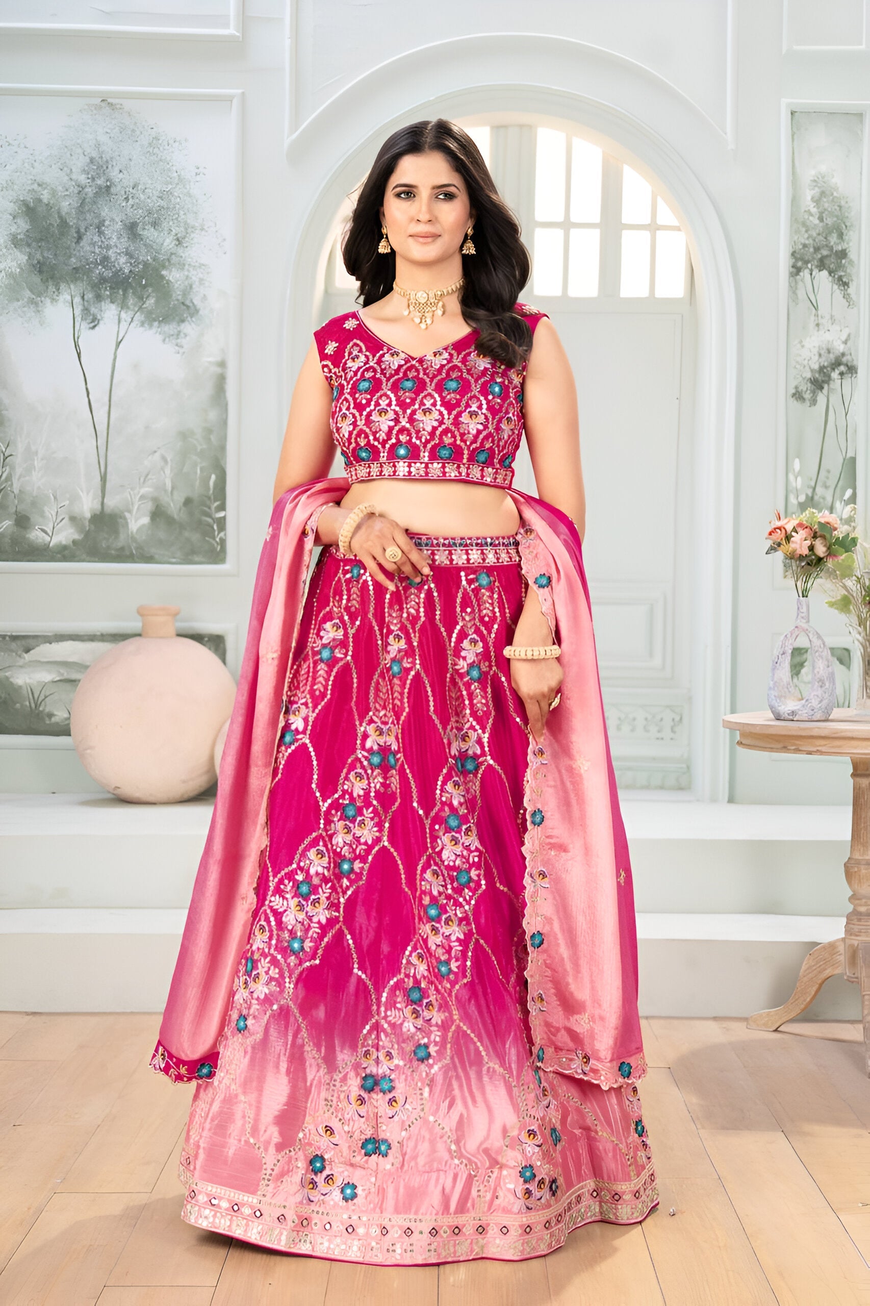 Lehenga Mart Pink Chinon  Desigenr Wedding Lehnega Choli