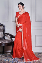 Morchari Red Chiffon Hand Embroidery Saree And Stitched Blouse - Distacart