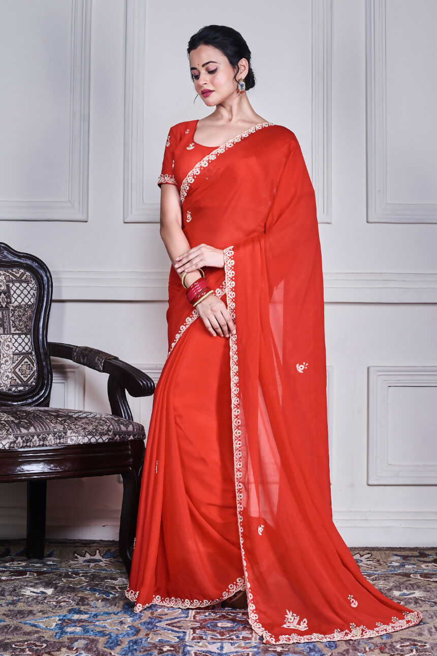 Morchari Red Chiffon Hand Embroidery Saree And Stitched Blouse - Distacart