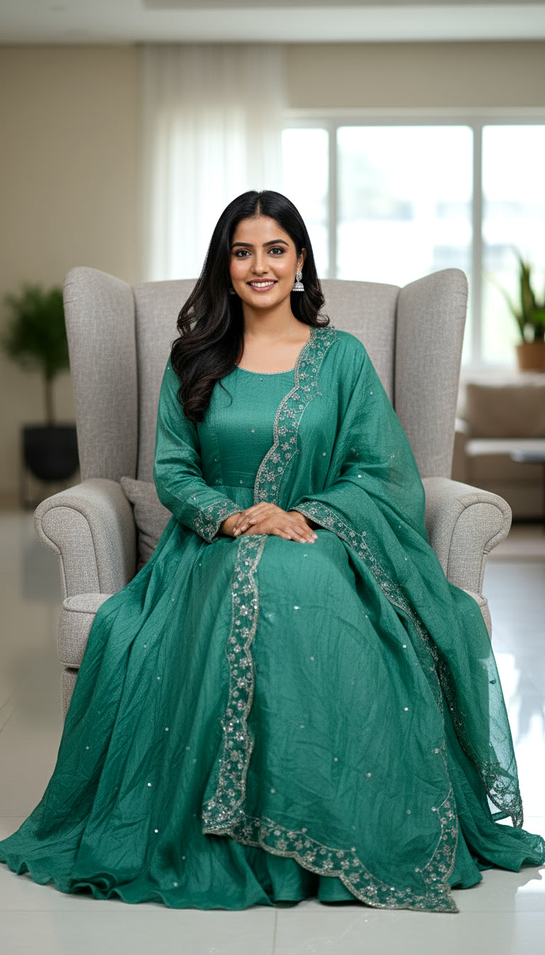 Lehenga Mart Premium Readymade Gown With Dupatta Set For Women-Bottle Green - Distacart