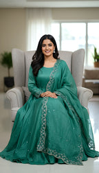 Lehenga Mart Premium Readymade Gown With Dupatta Set For Women-Bottle Green - Distacart