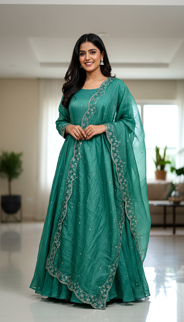 Lehenga Mart Premium Readymade Gown With Dupatta Set For Women-Bottle Green - Distacart