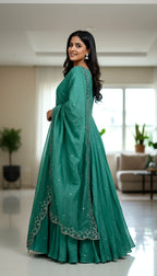 Lehenga Mart Premium Readymade Gown With Dupatta Set For Women-Bottle Green - Distacart