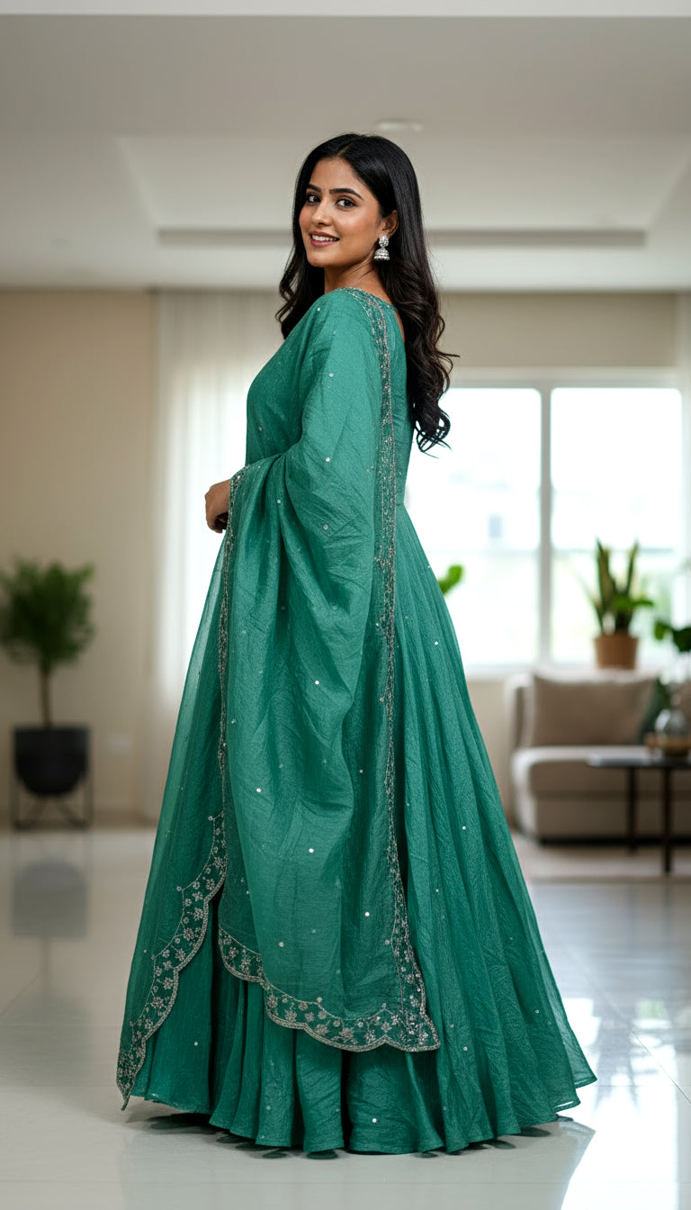 Lehenga Mart Premium Readymade Gown With Dupatta Set For Women-Bottle Green - Distacart