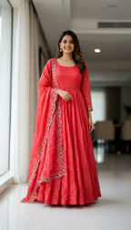 Lehenga Mart Premium Readymade Gown With Dupatta Set For Women-Coral pink - Distacart