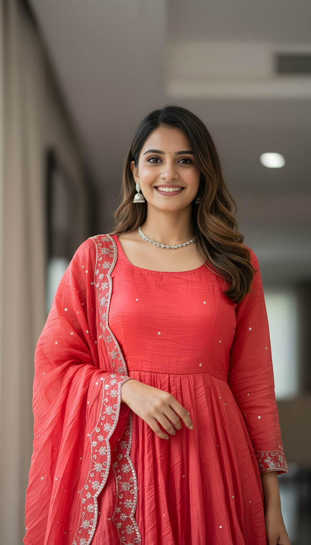 Lehenga Mart Premium Readymade Gown With Dupatta Set For Women-Coral pink - Distacart