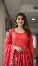 Lehenga Mart Premium Readymade Gown With Dupatta Set For Women-Coral pink - Distacart