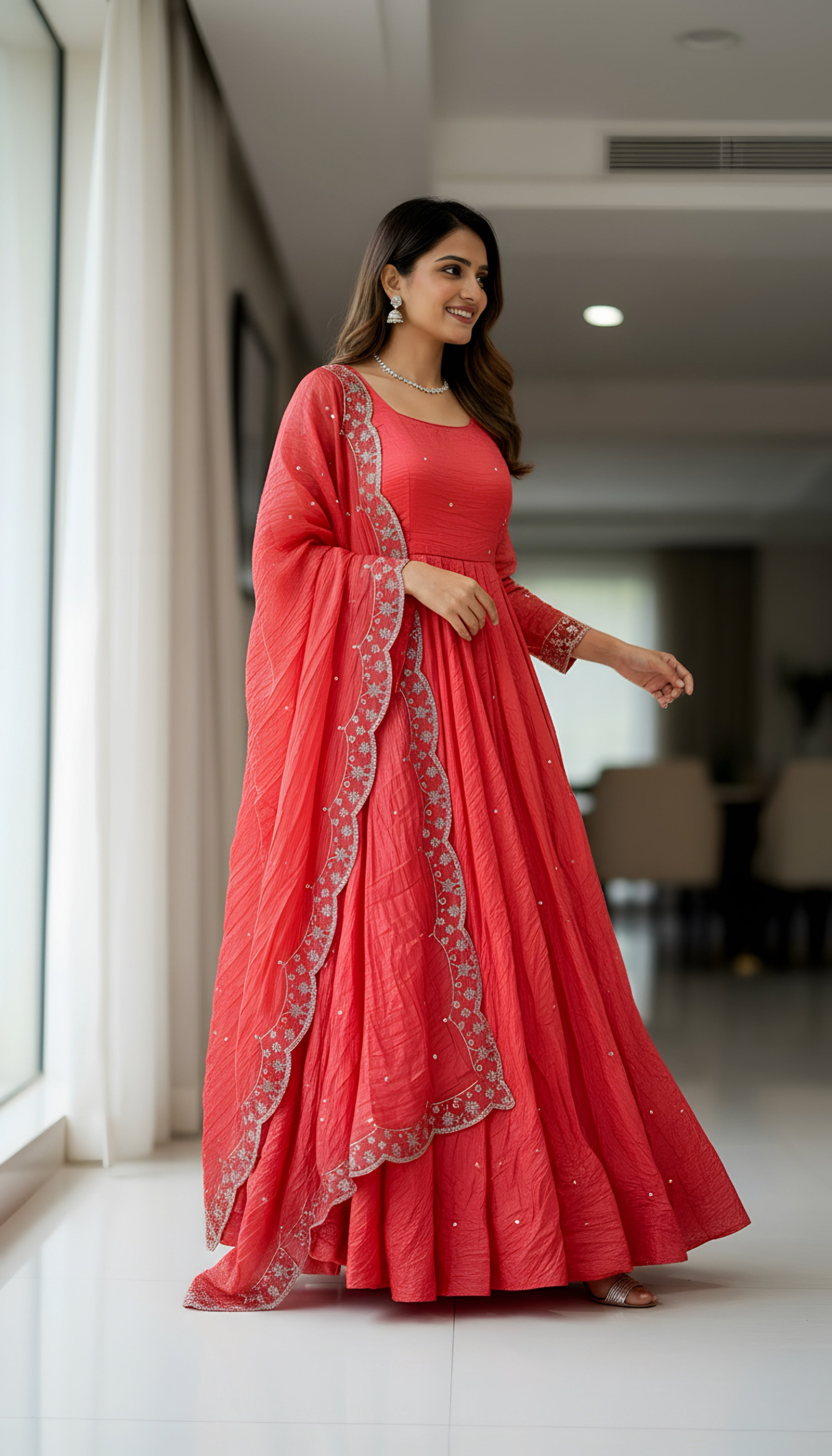 Lehenga Mart Premium Readymade Gown With Dupatta Set For Women-Coral pink - Distacart