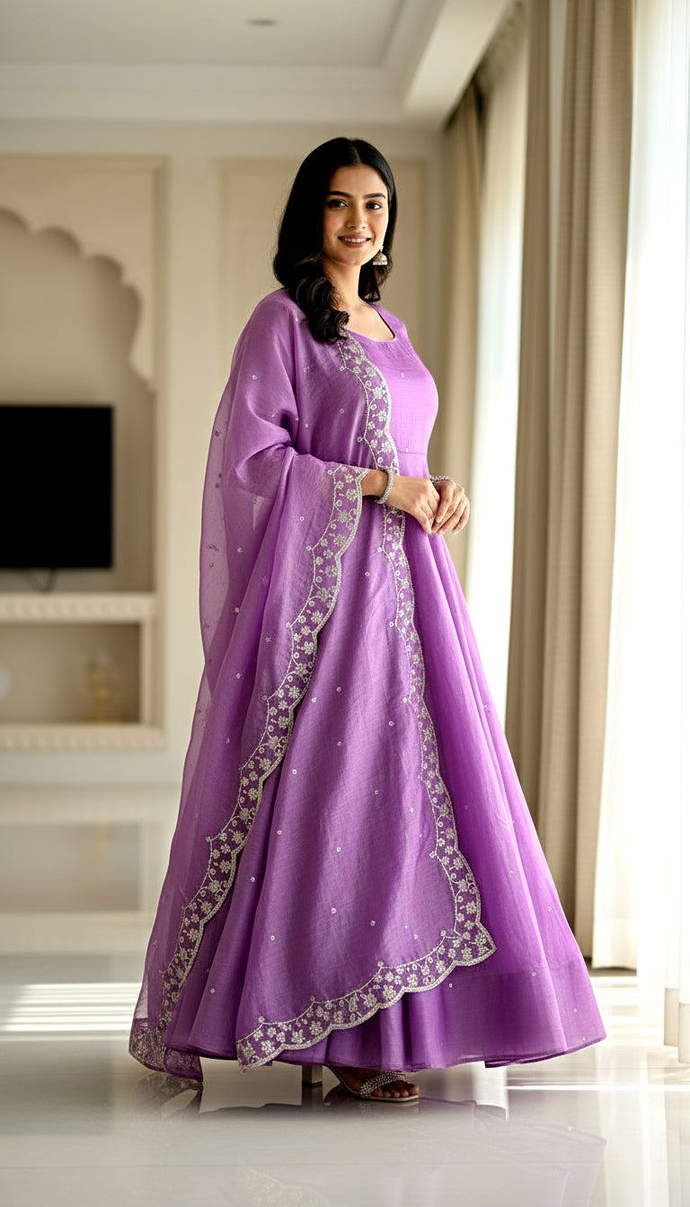 Lehenga Mart Premium Readymade Gown With Dupatta Set For Women-Lavender - Distacart