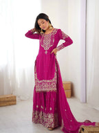 The52 Women's Beautiful Faux Georgette Fabric Embroidery Work Straight Kurt Sharara and Dupatta Set - Distacart