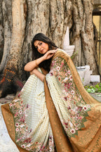 Joban Fashion Olive Green And Ivory Pure Crepe Pure Handloom Banarasi Silk Saree