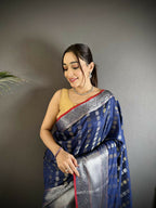 Joban Fashion Navy Blue Checked Soft Silk Kanjivaram Silk Saree - Distacart