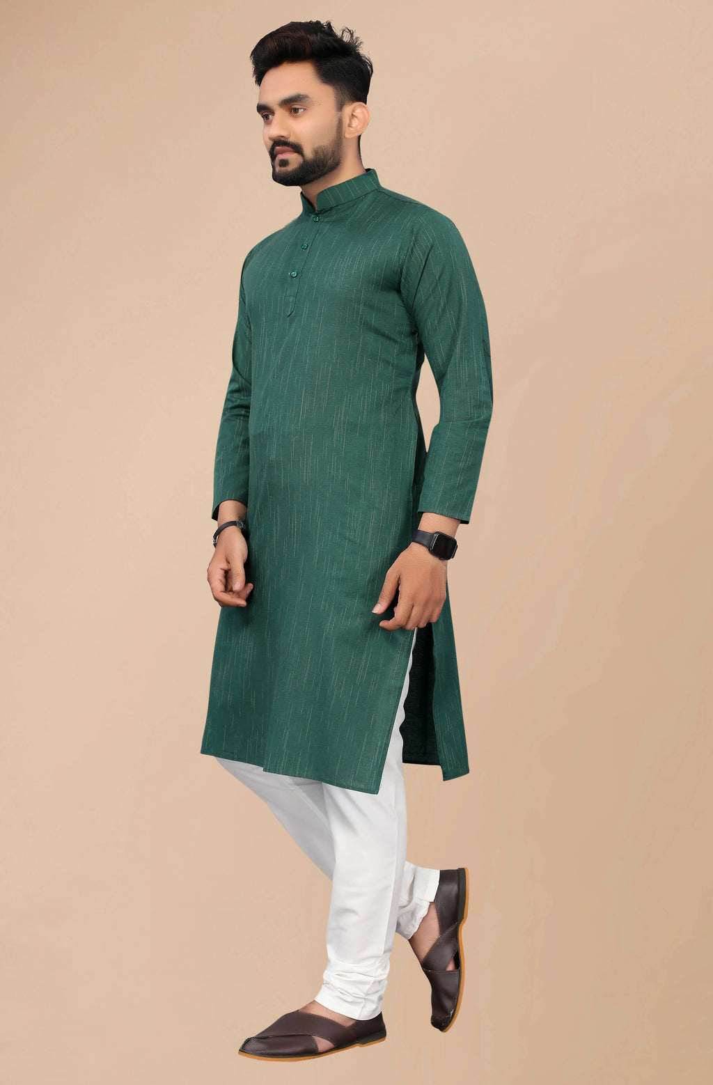 Indian Clothing Men's Green Striped Cotton Kurta - Mahotsav