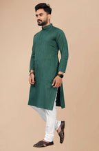 Indian Clothing Men's Green Striped Cotton Kurta - Mahotsav