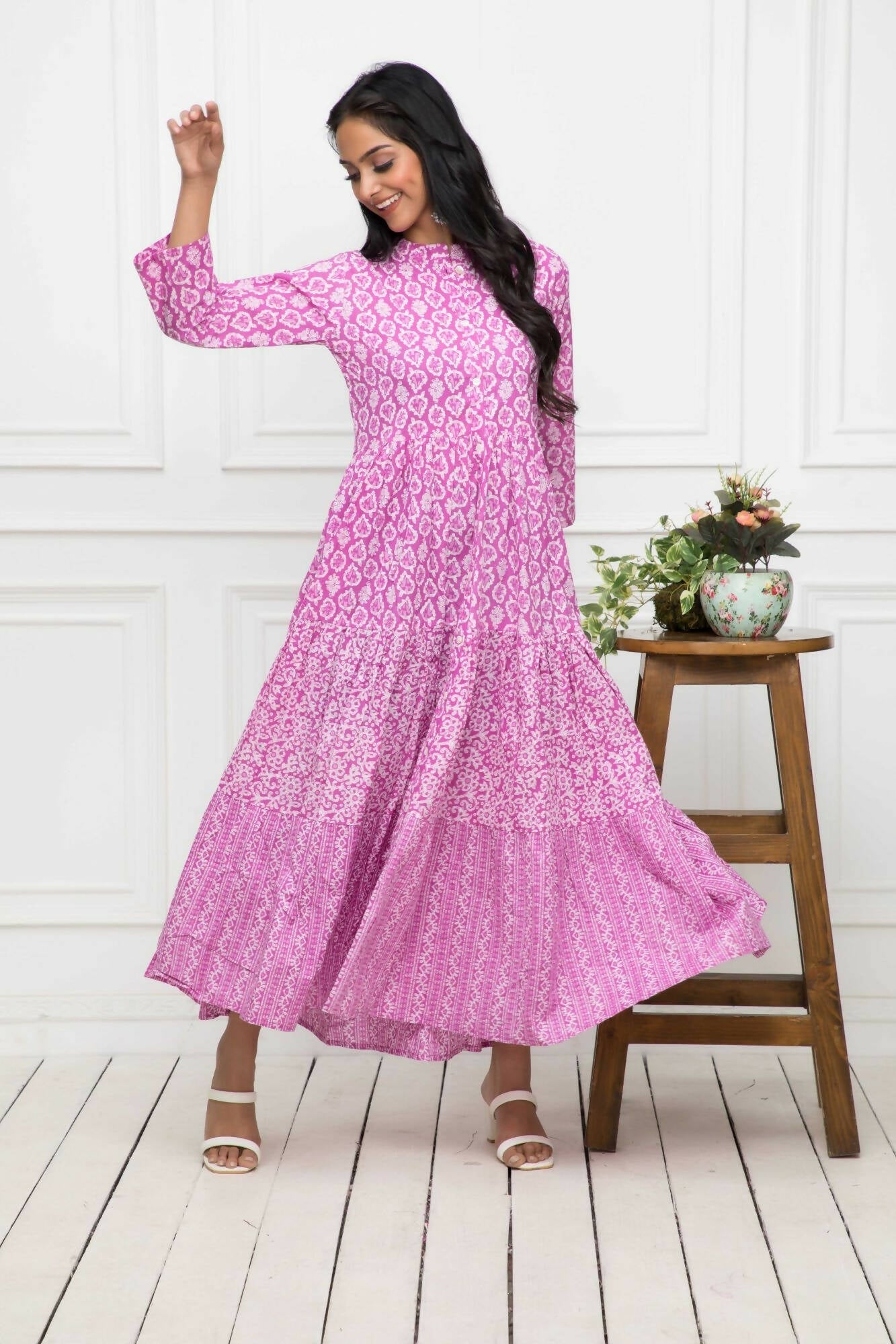 Myshka Women Pink Floral Cotton A-Line Mandarin Collar Long Dress - Distacart