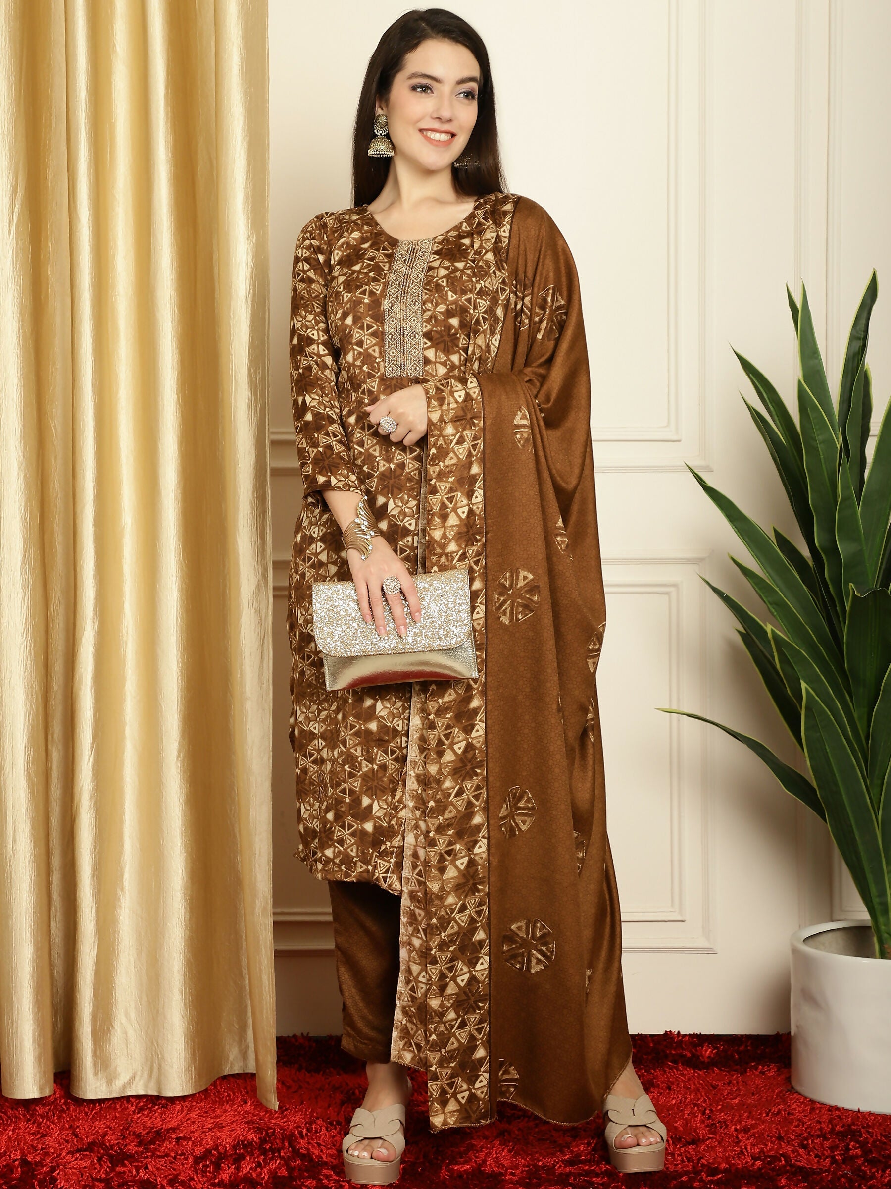 Jyoti Fashion Women's Brown Pashmina Floral Digital Printed Kurta with Trouser & Dupatta