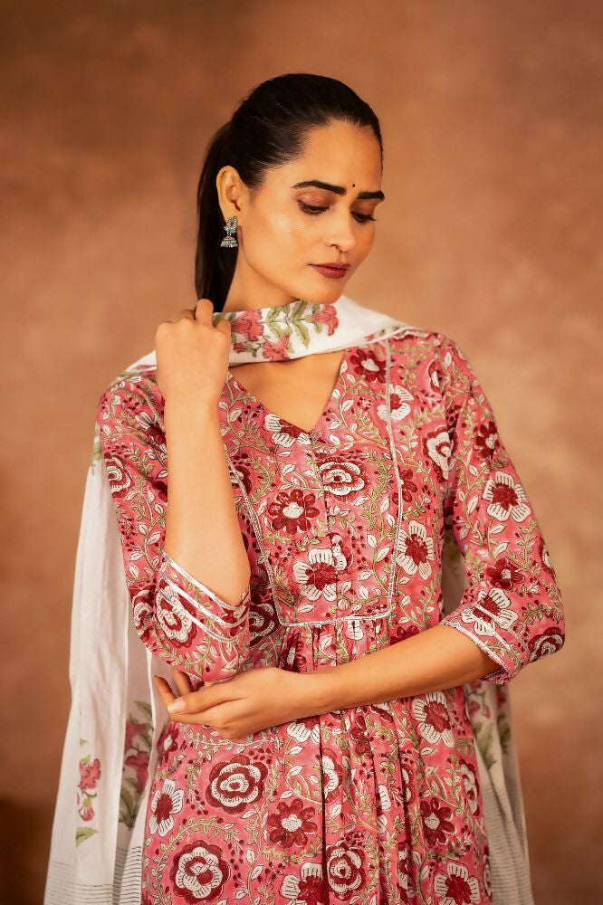 Joban Fashion Pink Hand Block Printed Cotton Suit Set - Distacart