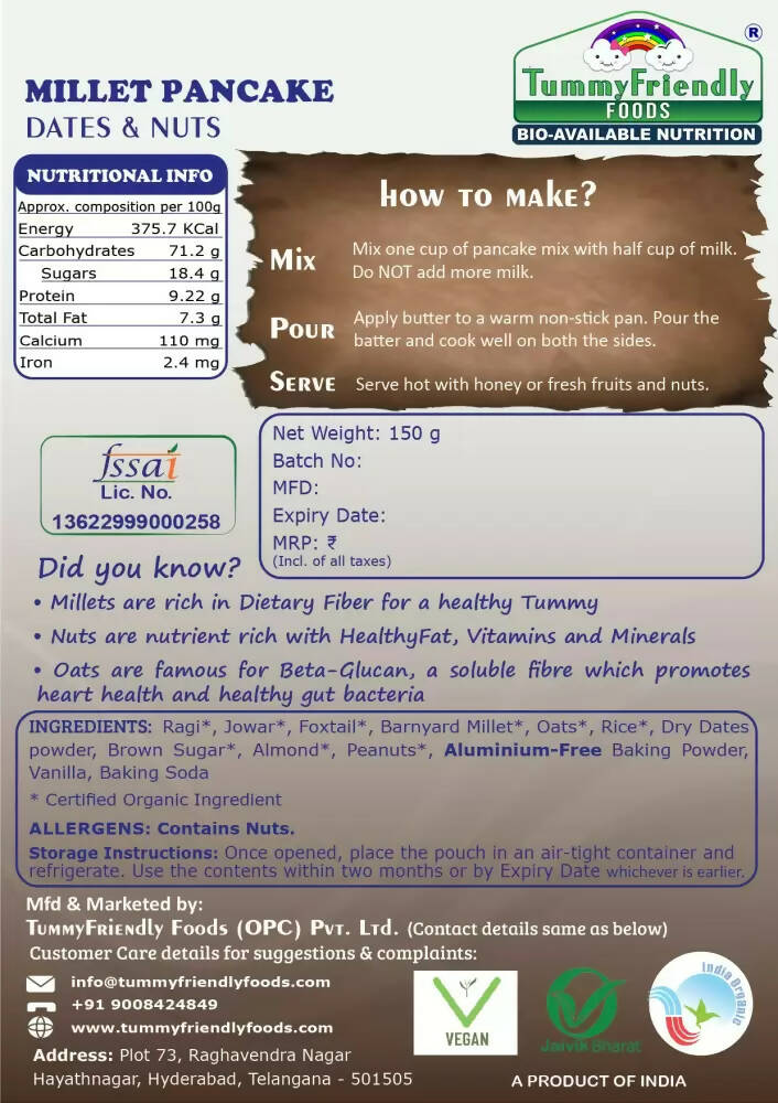 TummyFriendly Foods Aluminium-Free Millet Pancake Mix with Dates and Nuts - Distacart