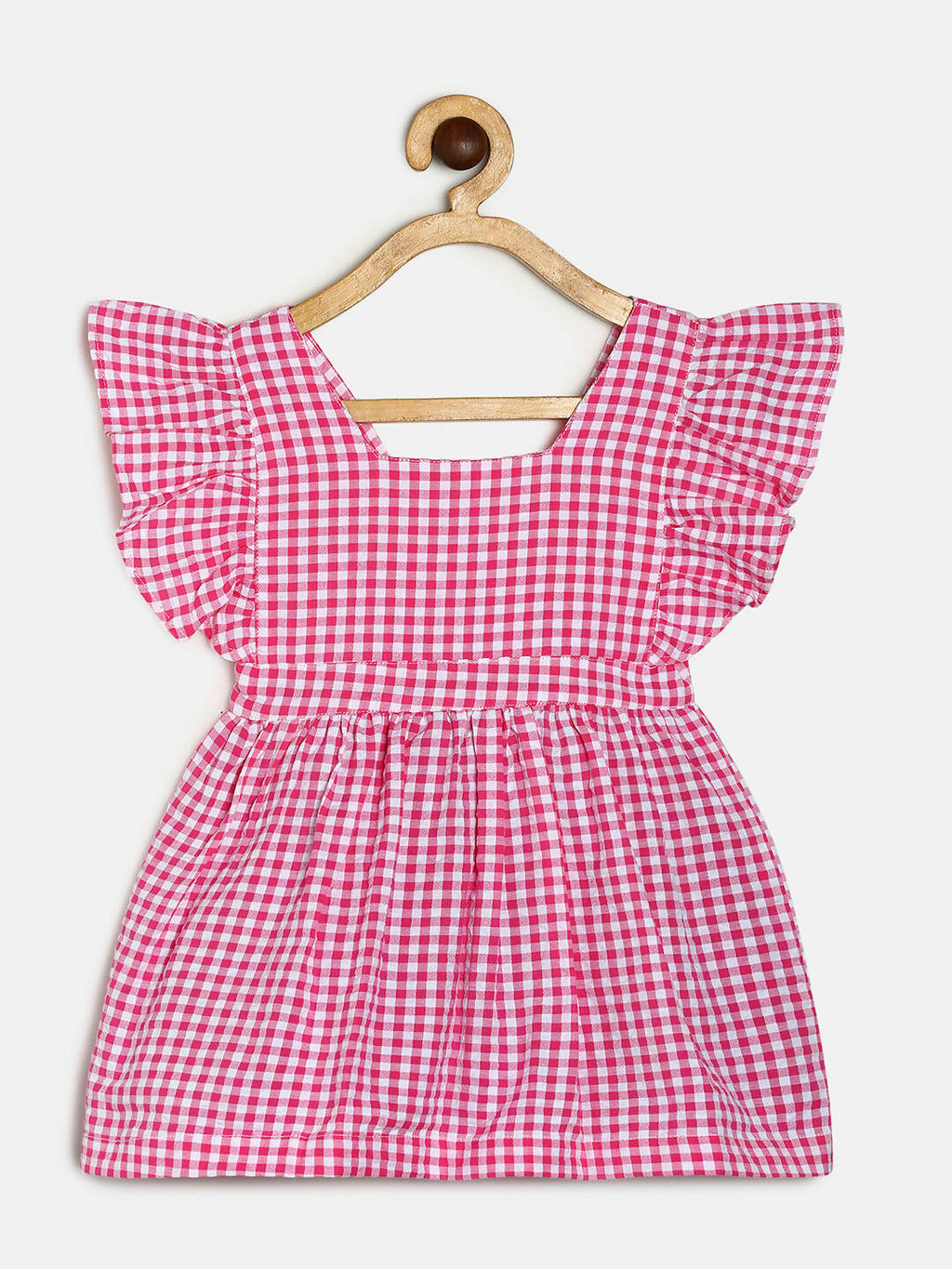 Manet Girls Cotton V Neck Frill Frock Checked Printed - Pink