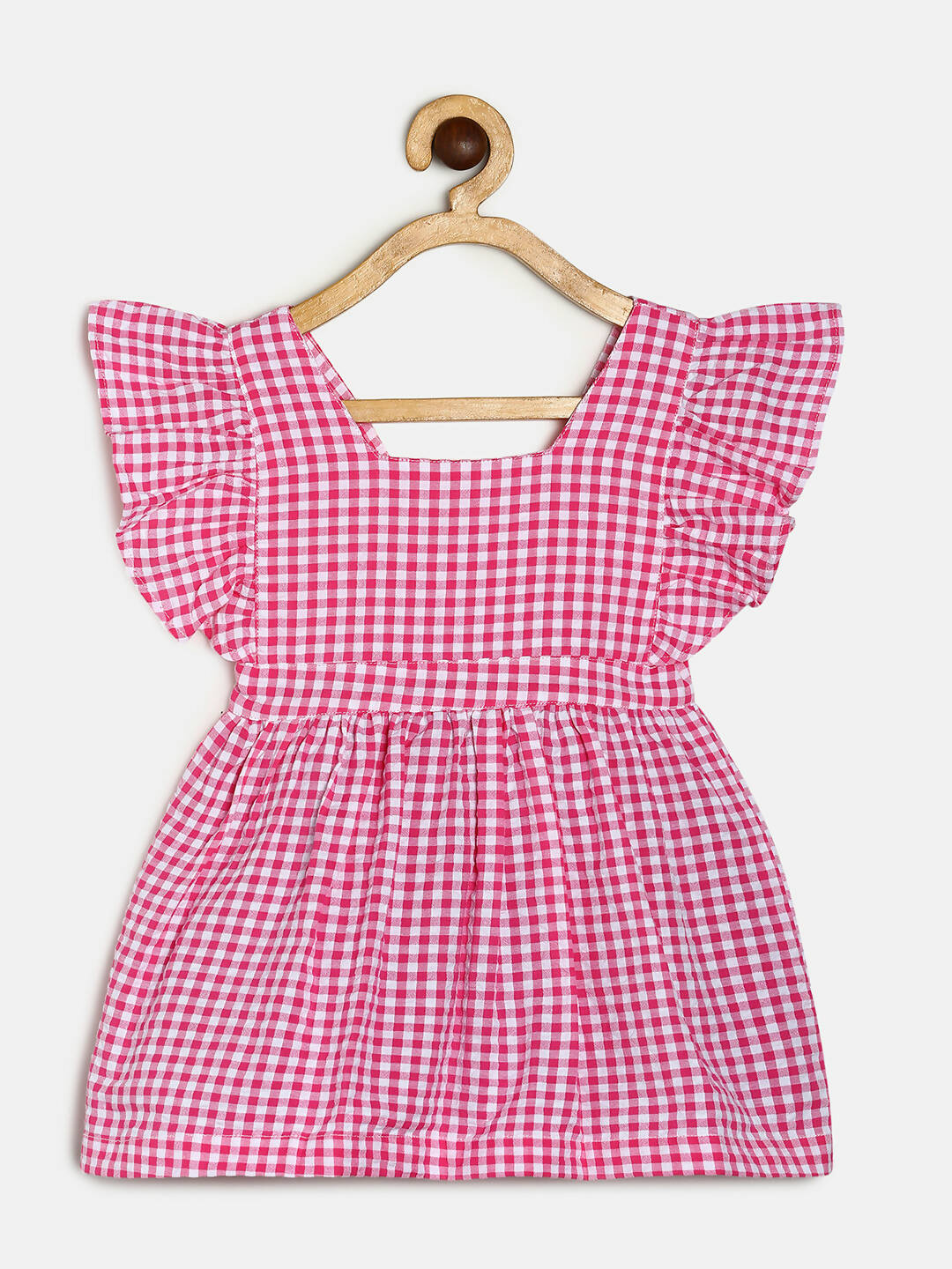 Manet Girls Cotton V Neck Frill Frock Checked Printed - Pink