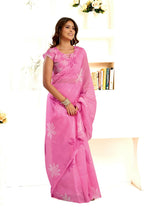 Joban Fashion Pink Floral Linen Ready To Wear Saree With Unstitched Blouse - Distacart