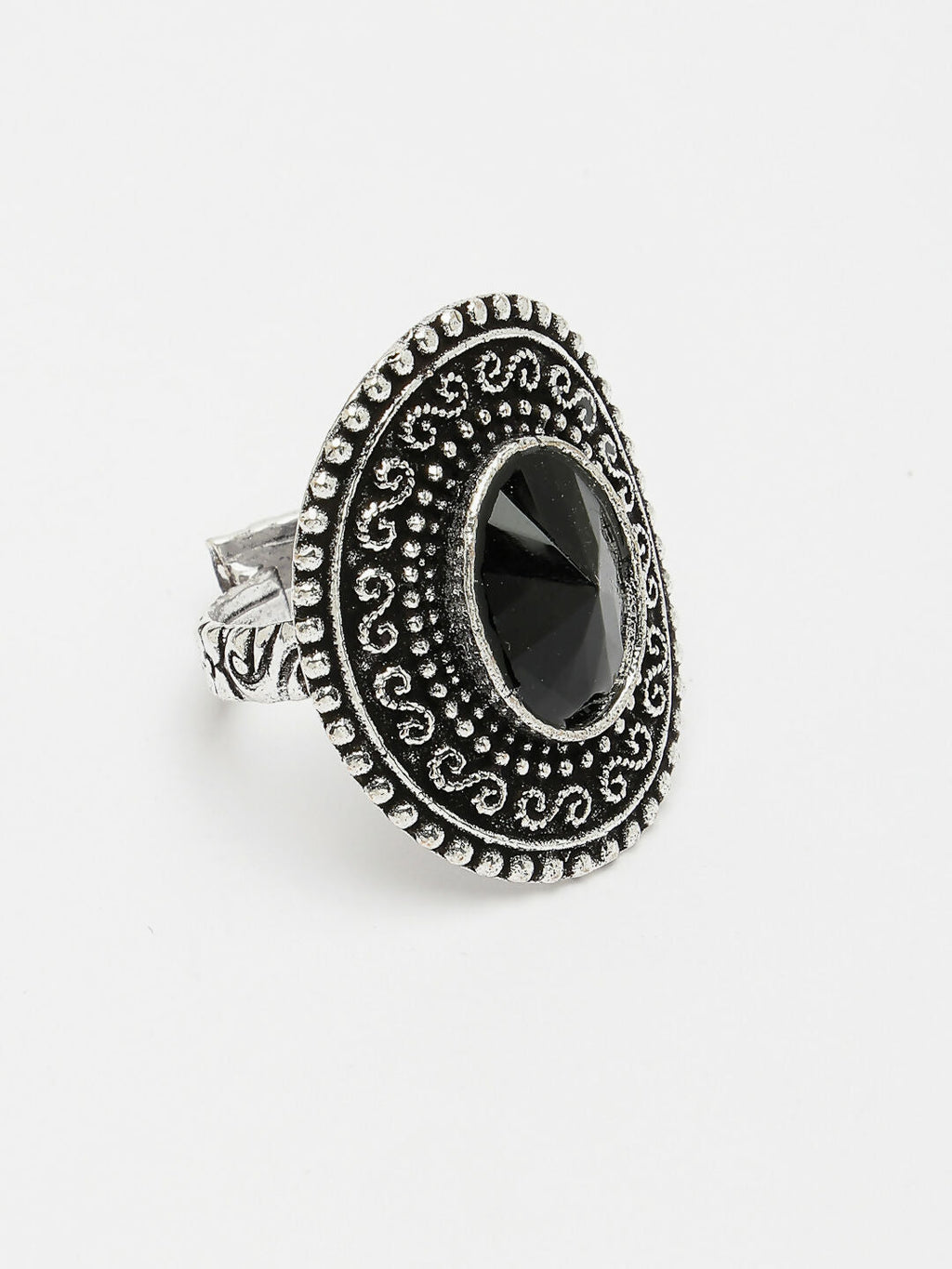 NVR Women's Black Silver-Toned German Silver Adjustable Finger Ring