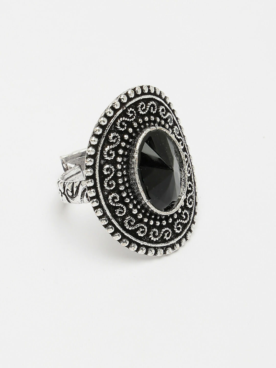 NVR Women's Black Silver-Toned German Silver Adjustable Finger Ring