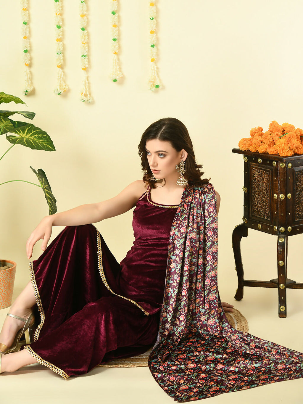 Myshka Women's Magenta Velvet Kurti & Sharara With Dupatta Party Sets