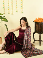Myshka Women's Magenta Velvet Kurti & Sharara With Dupatta Party Sets